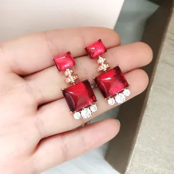 

Women 2020 New 925 sterling silver jewelry red cubic zircon stone geometric earrings rose gold color for ladies wedding party