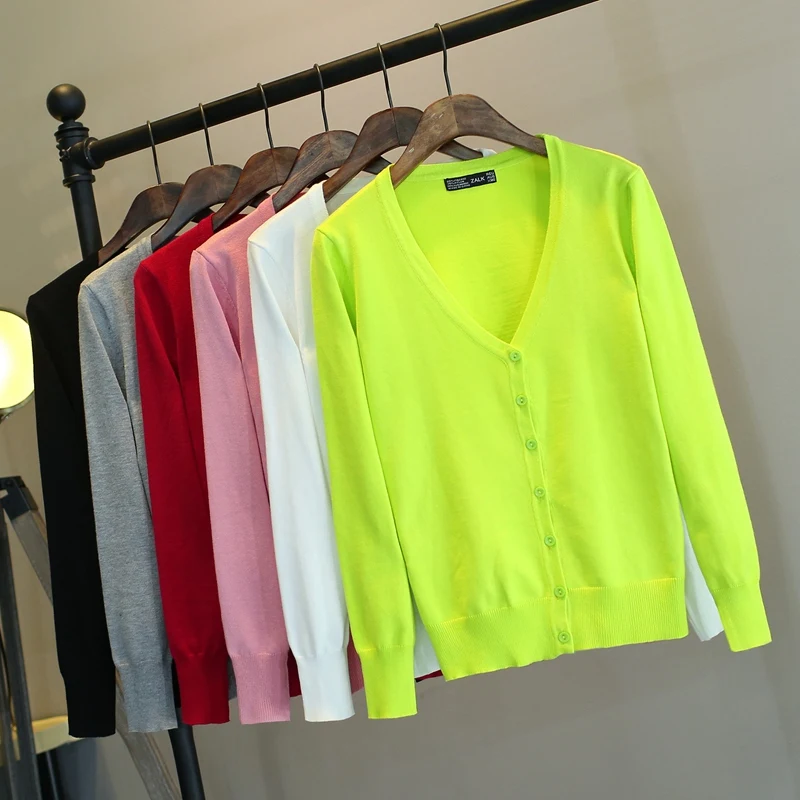 

2019 Korean version of spring and autumn wild solid long-sleeved Slim Cardigan Sweater Cardigans Regular Full V-Neck