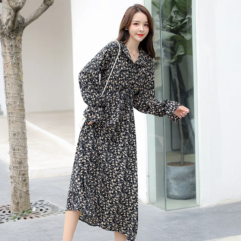 

2020 Early Spring Maternity Dress Retro Floral Dress French over-the-Knee Platycodon Grandiflorum Long Skirts Korean-style Repai