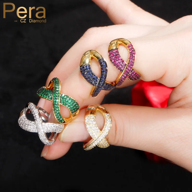 Pera Noble Micro Green Blue Red Cubic Zircone Pave Gold Color Luxury Ridimensionabile Fidanzamento Bridal Cross Geometry Finger Ring R134