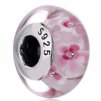 

New 925 Sterling Silver Bead Charm Pink Peach Blossom Flower Lampwork Murano Glass Beads Fit Bracelet Bangle DIY Jewelry