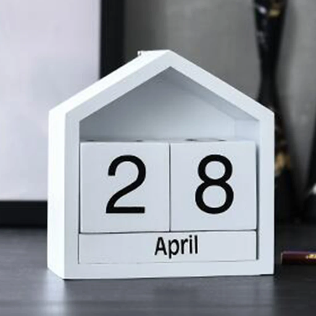 Vintage Wooden Calendar Rustic Desktop Wood Perpetual Block Calendar Month Date Display Home Office Decoration -Black/White