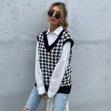 

7118#Women's Loose Bird Check V-neck Knitted Vest Women's New Fall 2021 Argyle Sweater Vest Waistcoat
