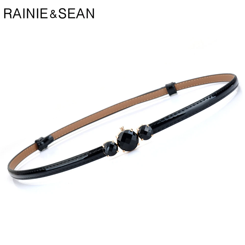 RAINIE SEAN Patent Leather Thin Women Belt Korean Fashion Waist Belt for Dress Solid Black Red Blue White Pink Ladies Strap 96cm