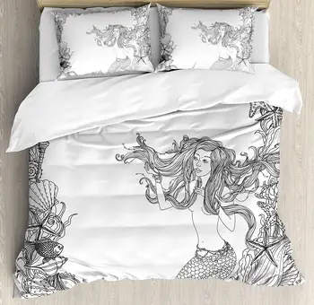 

Mermaid Duvet Cover Set Mermaid in Seashells Starfish Coral Reef Frame Culture Myth Artwork Decorative 3 Piece Bedding Set