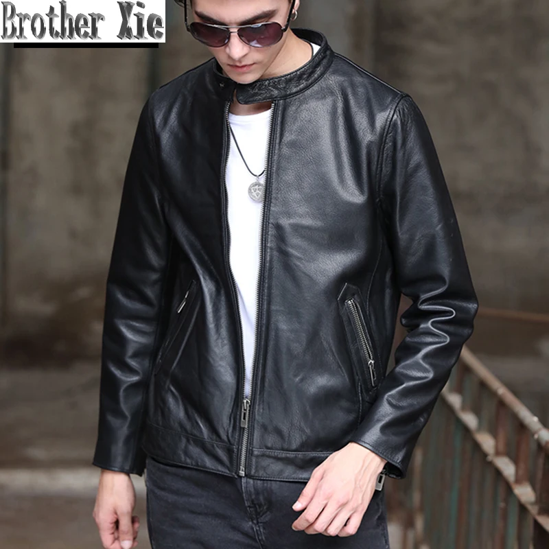 

Men Cowhide Real Leather Jacket Black Slim Stand Collar Motorcycle Biker Genuine Cow Leather Coat Large Size 6XL Outwear Clothes