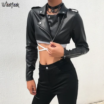 

Waatfaak Fur Leather Crop Jacket Women Zipper Up Button Bomber Backet Feminina Black Long Sleeve Autumn Spring Harajuku Coat