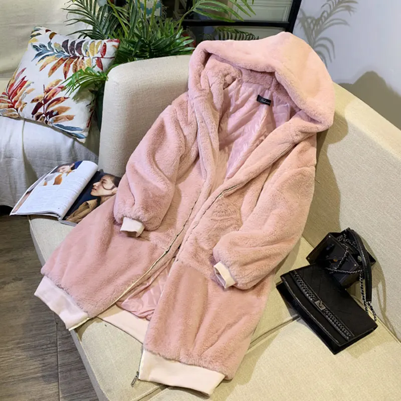 pink Зимнее женское пальто высокого качества из искусственного меха кролика с капюшоном, длинное пальто с мехом, Свободное пальто, плотное теплое, большие размеры, женские плюшевые пальто 256 - Цвет: pink