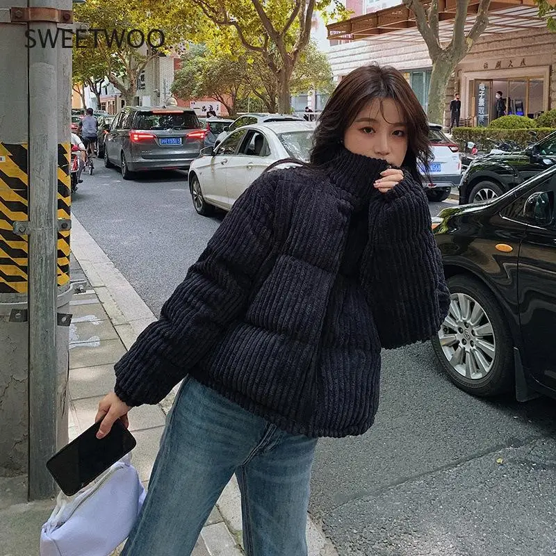 2021 New Winter Corduroy Short Jacket Women Korean Style Thick Zipper Cotton Parkas Woman Stand Collor Warm Outwear Coats Female
