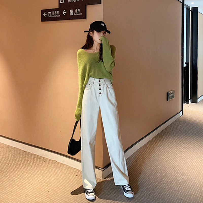 Новое поступление Весна Осень Хлопок Деним Высокая талия широкие брюки женские винтажные свободные прямые бежевые джинсы S363