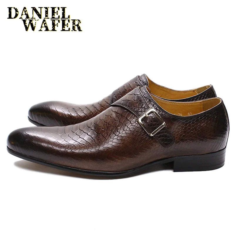 LUXURY MEN LOAFERS SHOES SNAKE SKIN PRINTS MONK STRAP SLIP ON BROWN BLACK CASUAL SHOES FORMAL DRESSES OFFICE men's summer shoes