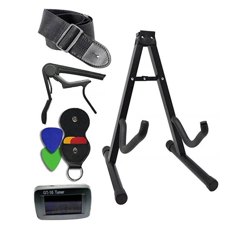 Guitar Accessories Kit Stand Clip On Tuner Strap Capo with Leather