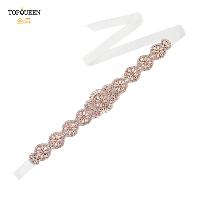 TOPQUEEN S161-RG Bridal Wedding Rose Gold Party Belts for Women Fashion Rhinestone Ribbon Fancy Sash Formal Prom Dress Belt Organza Ivory