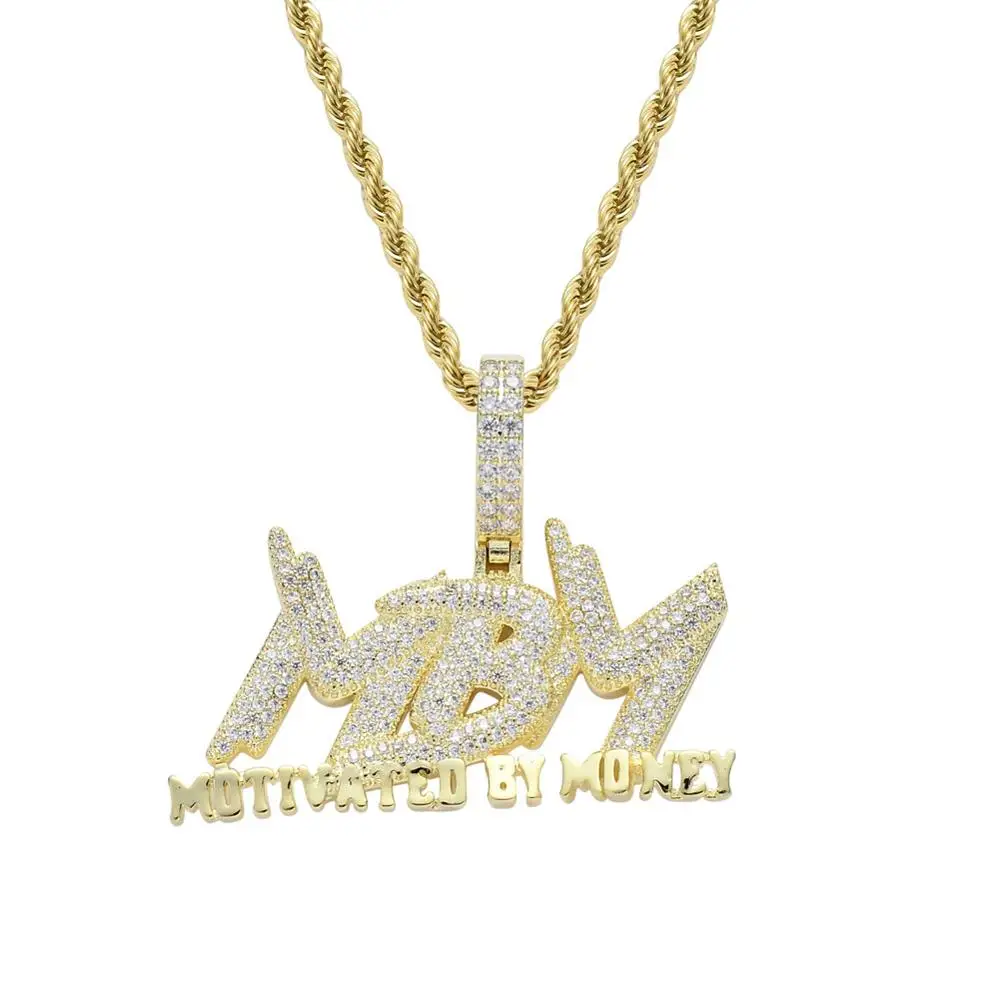 

New Copper Inlay Zircon Motivated By Money Iced Out MBM Pendant With Stainless Steel 24 inch Chain Hip Hop Necklace Jewelry Gift