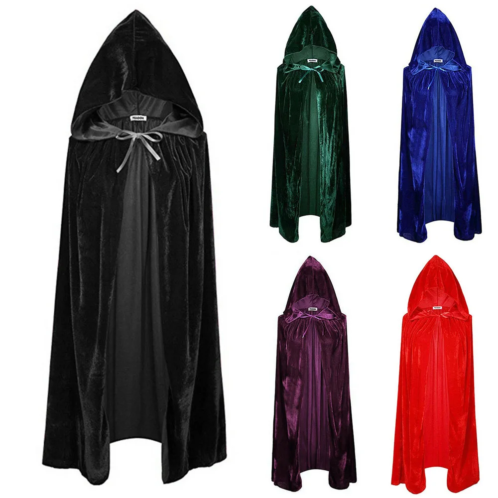 FCCEXIO Adult Halloween Velvet Cloak Cape Hooded Medieval Costume Witch Wicca Vampire Halloween Costume Dress Coats 5 Colors