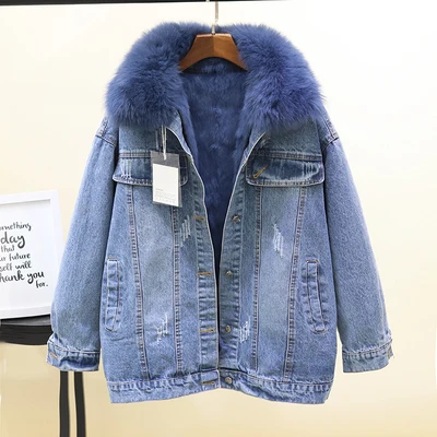 Blue Зимнее женское теплое пальто в Корейском стиле со съемным кроличьим мехом, толстая подкладка, Воротник из натурального Лисьего меха, джинсовая куртка для женщин, винтажная Свободная верхняя одежда - Цвет: Blue