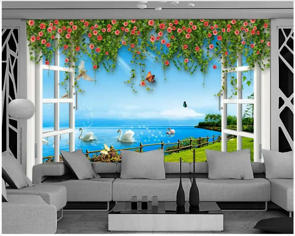 

3d wallpaper custom photo White window vine flowers blue sky lake water swan room decor 3d wall murals wallpaper for walls 3 d