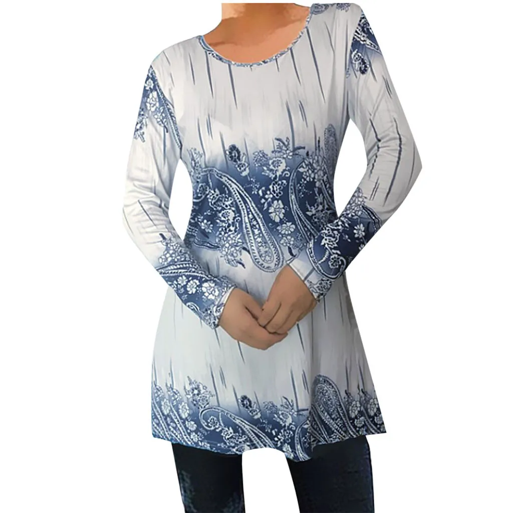 Осенняя Новая женская модная одежда большого размера с рисунком, с круглым вырезом, с длинными рукавами, блузка - Цвет: Beige