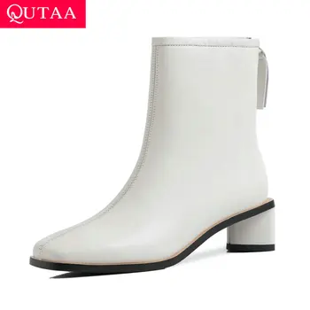 

QUTAA 2020 Square Med Heel Women Shoes Pointed Toe Genuine Leather+PU Cool Winter Motorcycle Casual Ankle Boots Big Size 34-39