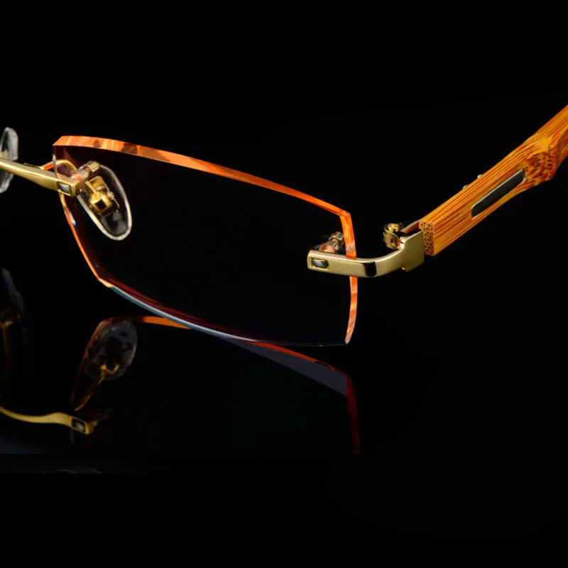 Titanium+Bamboo Frame Eyeglasses Rimless Men Gold Wood Frameless Prescription Myopic Glasses Ti Anti-Reflection Lens Eyewear
