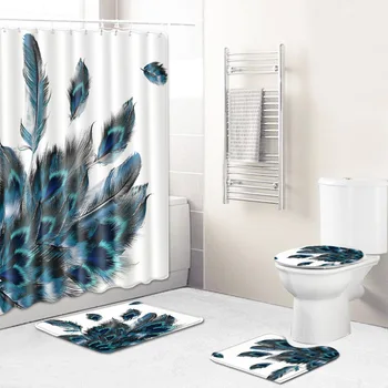 

3D Feather 4pc Set Waterproof Shower Curtain Bathroom Shower Room 180x180 Bath Curtains Closestool Mat Home Farmhouse Decor