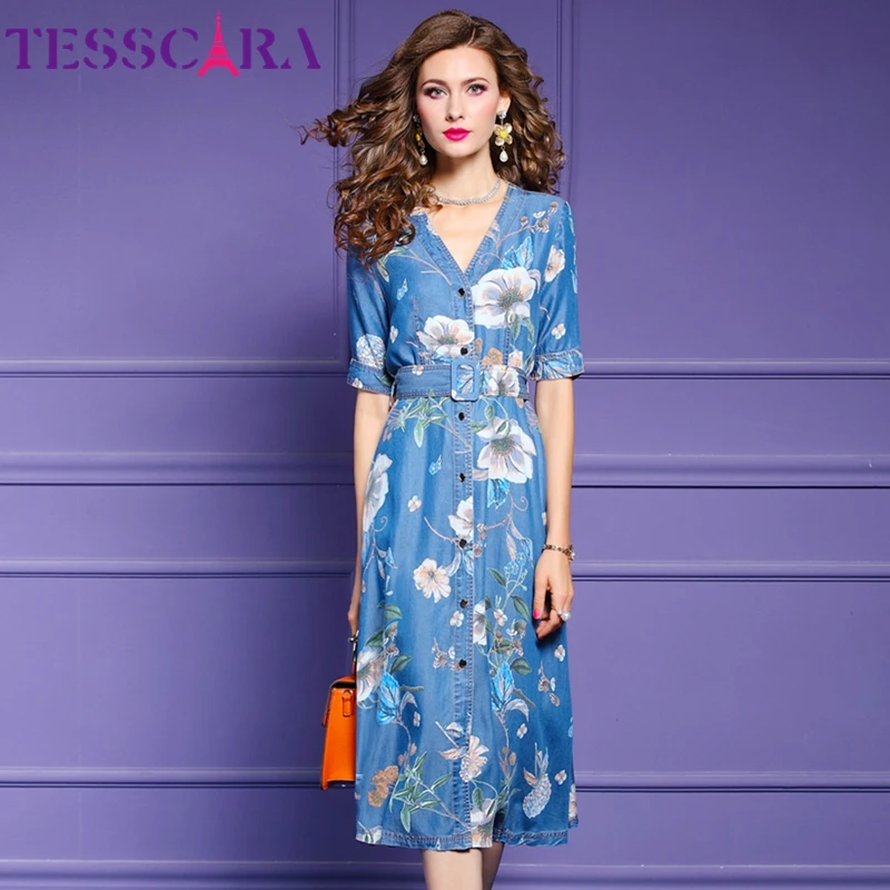 Женское джинсовое платье-рубашка TESSCARA элегантное винтажное платье с цветочным