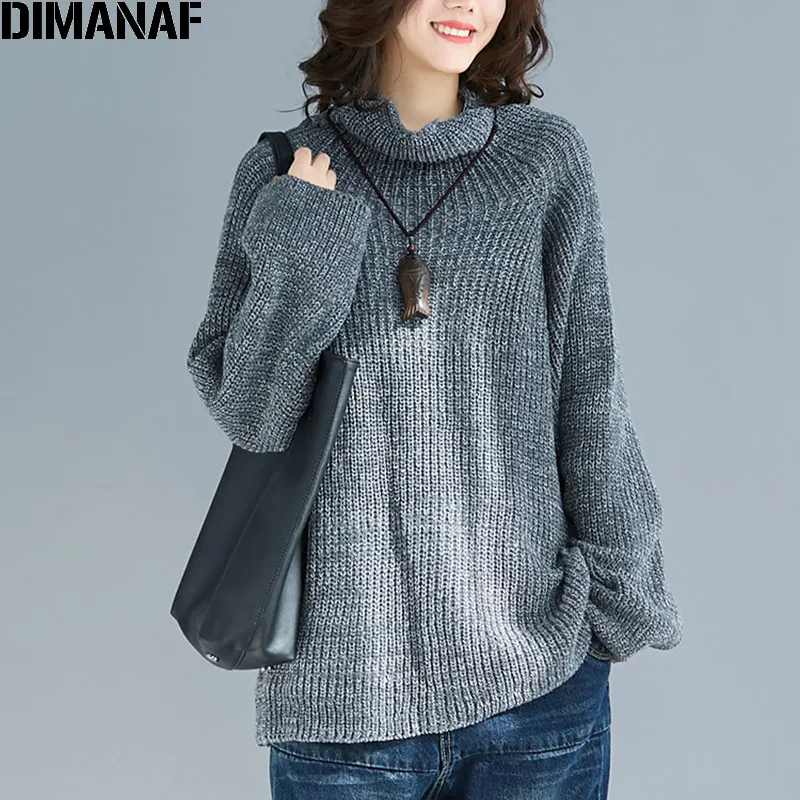 DIMANAF Plus Size Women Sweater Autumn Winter Pullovers Knitting Turtleneck Loose Casual Female Lady Tops Long Sleeve Clothing | Женская
