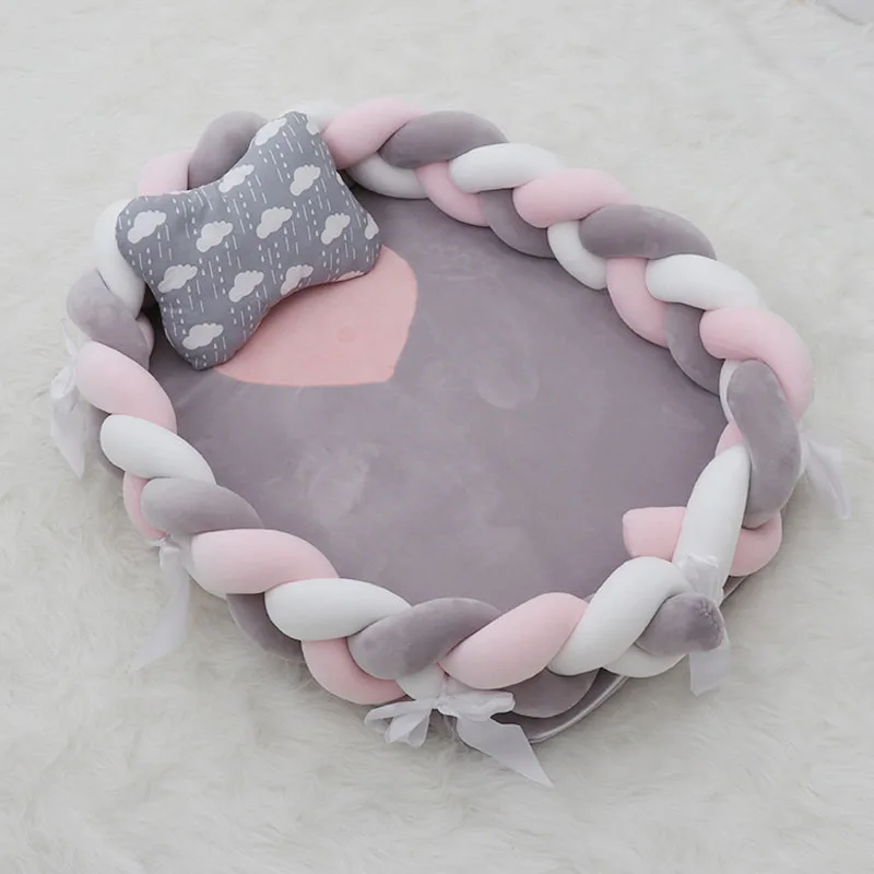 grey white pink Портативное детское гнездо, хлопковая бионическая кровать, моющаяся тканевая детская кровать для путешествий, кроватки с бампером, матрас для новорожденных - Цвет: grey white pink