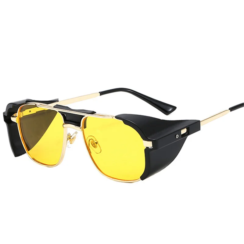 Стимпанк Солнцезащитные очки Мужские Роскошные брендовые дизайнерские Винтажные Солнцезащитные очки женские классические боковые щитки паровые панк очки UV400 - Цвет линз: BLACKYELLOW
