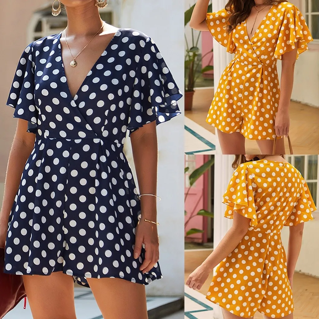 30# Женские винтажные платья в горошек модные сексуальные Волнистые Короткие рукава с v-образным вырезом в винтажном стиле короткий комбинезон