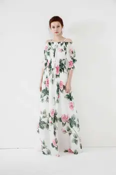 

Women's Fashion New Floral Printing Dresses Sexy Slash Neck Silk polyester blending Elastic Waist Lady's Long Dress