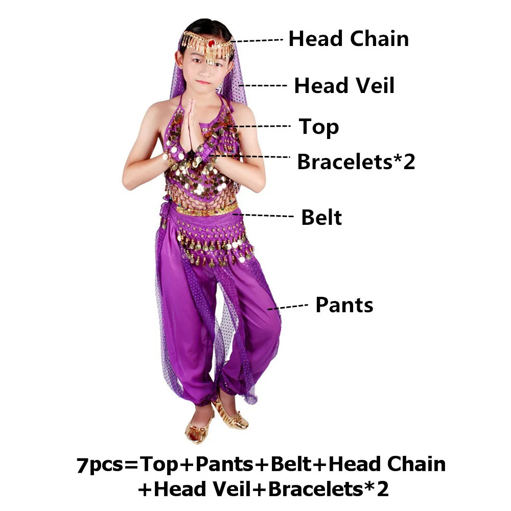 Purple 7pcs Одежда для танцев, костюмы для танца живота, комплект для детей, для восточных танцев, для девочек, для танца живота, индийская одежда для танца живота, для детей, для индийских танцев - Цвет: Purple 7pcs