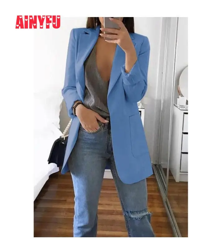 New  Ainyfu Solid Temperament Slim Suit Jacket Woman Turn-down Collar Office Lady Coats Long Sleeve Patc
