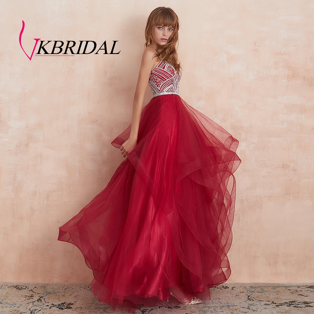 VKBRIDAL красные многоуровневые тюлевые платья для выпускного вечера новые Бальные платья с бисером и кристаллами официальное длинное вечернее платье