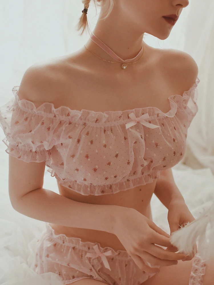 Women Pajamas Set Sheer Stars Ultra-thin Gauze Ruffles Off Shoulder Sleeve Tops Shorts Leg Ring Underwear Temptation Sexy