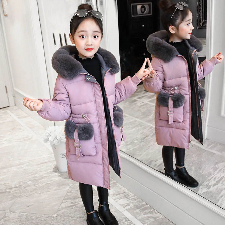 Детская зимняя пуховая хлопковая куртка г. Новая модная одежда для девочек детская одежда толстая парка зимний комбинезон с меховым капюшоном, верхняя одежда, пальто - Цвет: Фиолетовый