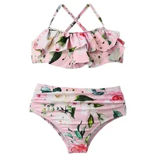 Купальный костюм для девочек-подростков от 7 до 12 лет, Детский комплект бикини для девочек с цветочным рисунком, детский купальный костюм из двух предметов с высокой талией, купальный костюм с оборками для девочек