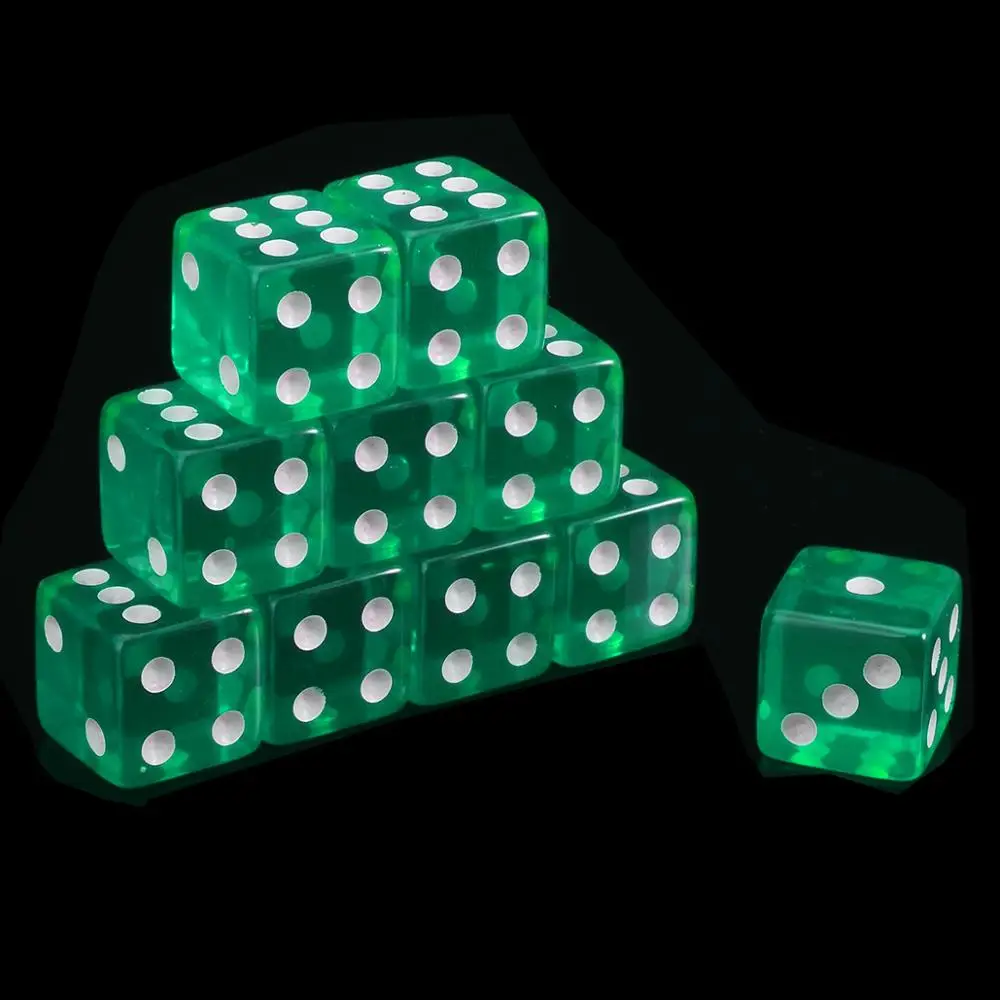 Green 10 шт. красочные прозрачные прямые Угловые кости 16 мм акриловые прозрачные питьевые кубики игральные настольные игры развлечения - Цвет: Green