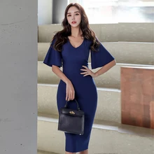 Весеннее корейское платье с расклешенными рукавами, v-образным вырезом, открытой спиной, на шнуровке, тонкое платье с высокой талией, офисное модное элегантное платье-карандаш, женские вечерние платья, Vestido