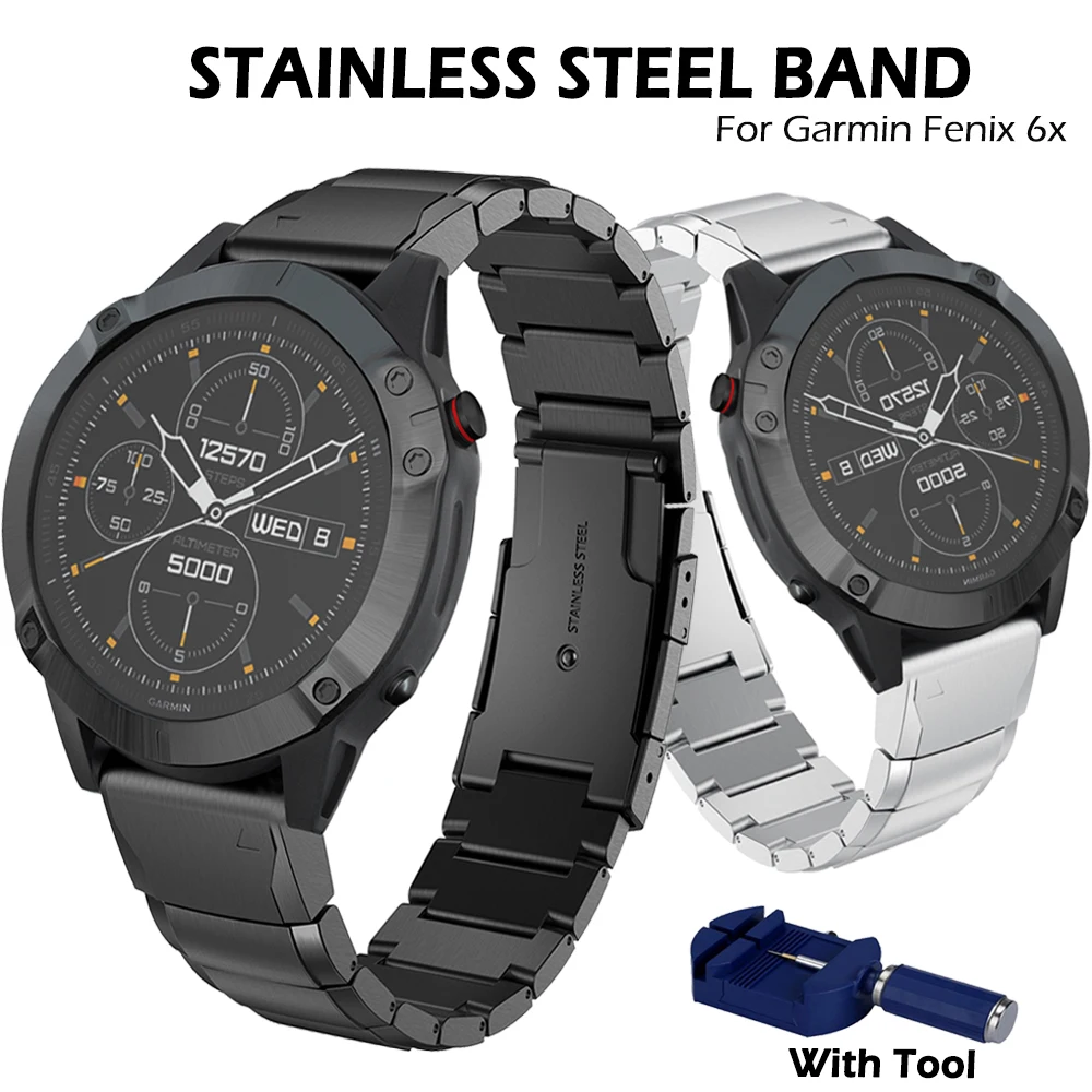 Ремешок из нержавеющей стали для наручных часов Garmin Fenix 6x/6x Pro/5x Plus/Quaitx3 /Mk1/D2 26 мм