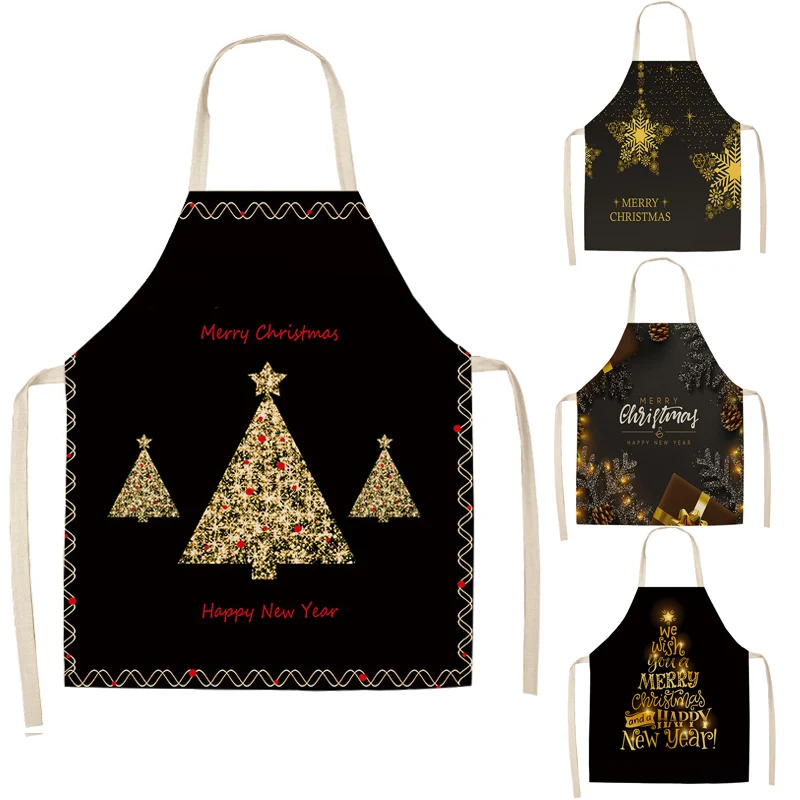 

Black Kitchen Apron Christmas Tree Printed Sleeveless Cotton Linen Aprons for Men Women Home Cleaning Tools 66x47cm