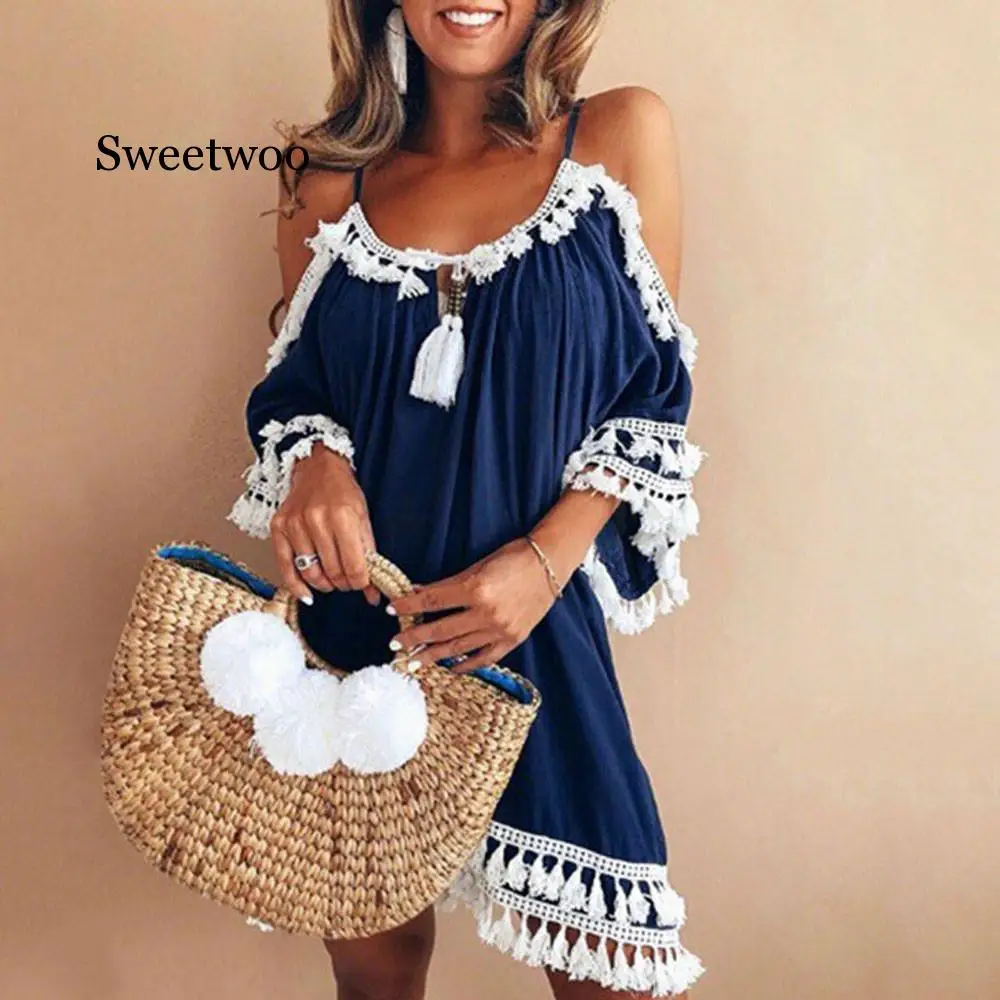 

Женское пляжное платье с открытыми плечами 2020, короткое коктейльное платье с кисточками, Пляжное платье, сарафан, сексуальное платье