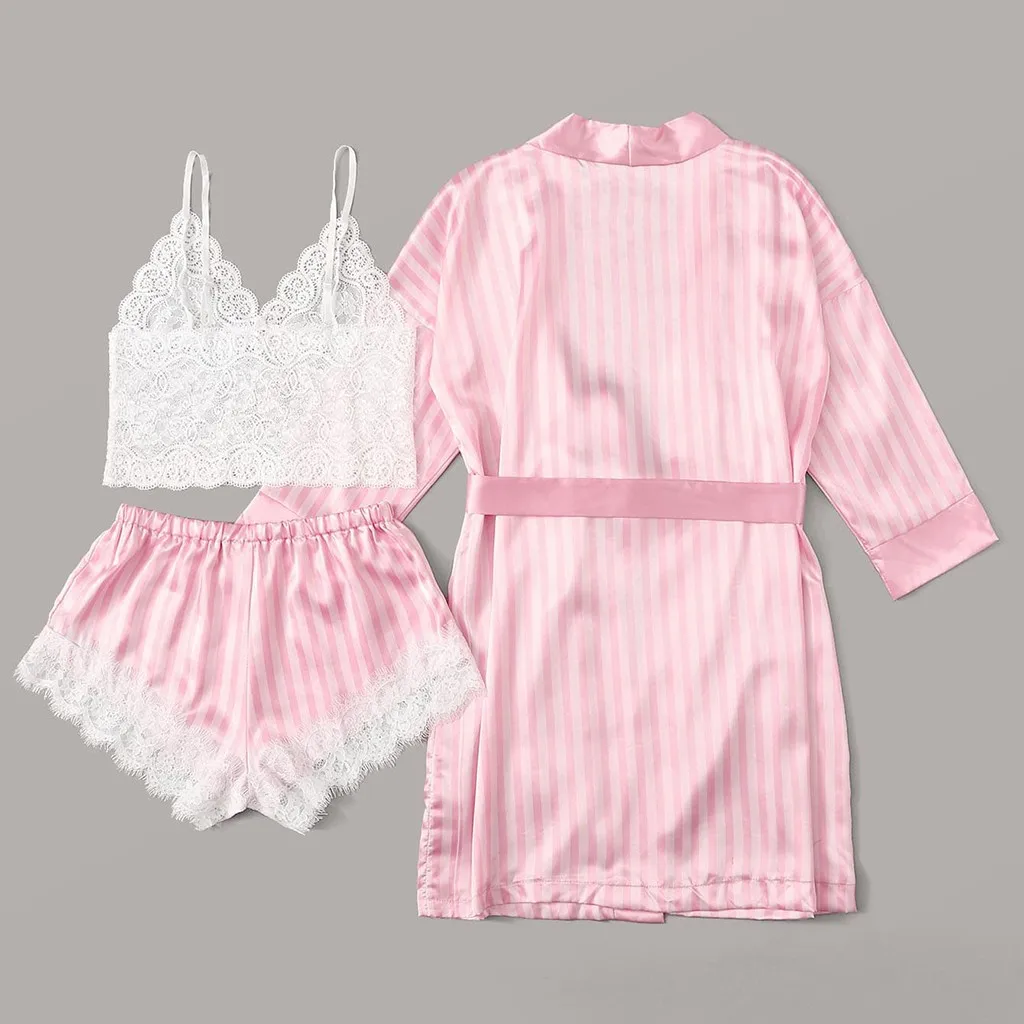 3 шт. женская пижама комплект одежда для сна кружева Атлас беспроводной бюстгальтер камзол шорты пижамы полосатый халат пижама женска# C20