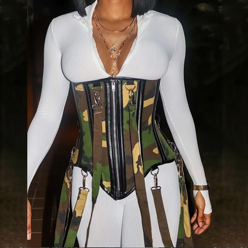 Cotton Camouflage Plaid Zip-Up Corset With Strap Women Waist Shaping Autumn Skinny Jumpsuit Matching Wear Cool Streetwear