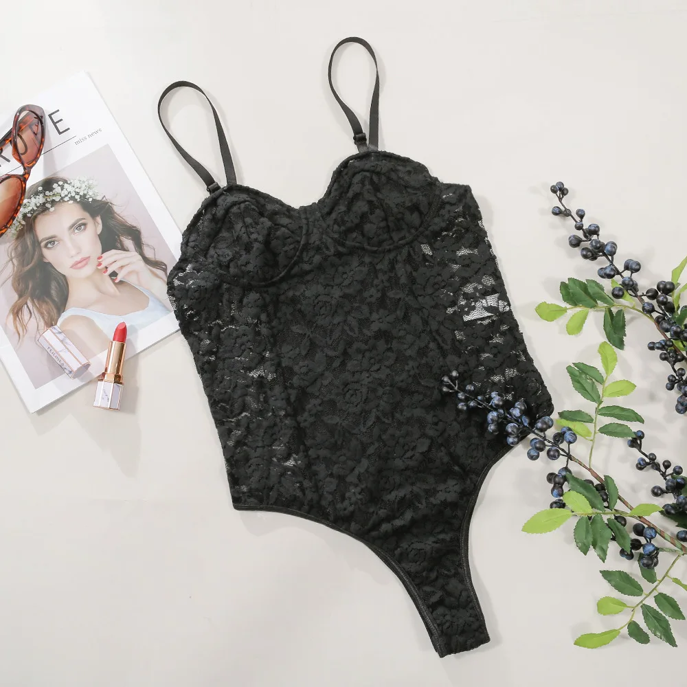 

Black Sexy Lace Bodysuit Women Camis Skinny Jumpsuit Overalls Rompers Breathable Female Eyelash Naughty Corset Clothes