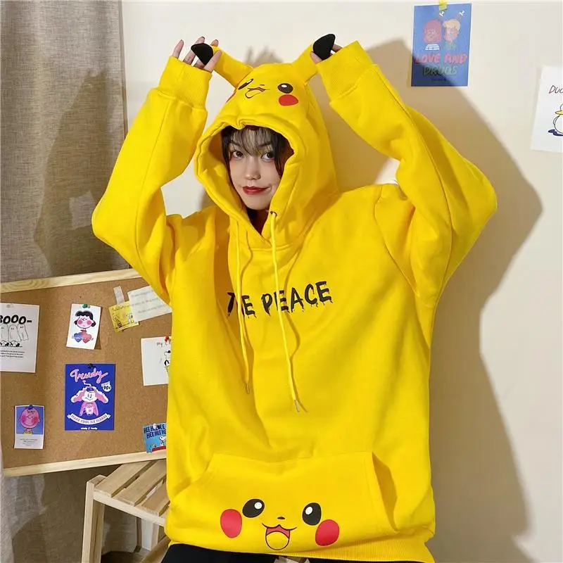 

Pikachu Pokemon Spring Printed Loose Hip Hop Hoodies Women Anime Kawaii Hooded Cute Ears Hoodies Long Sleeve Sweatshirt