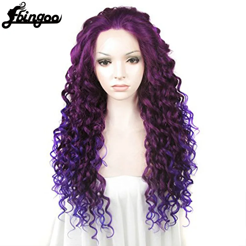 【Ebingoo】Ombre Purple Red Pink Blonde Brown Orange Wig Long Kinky Curly Synthetic Lace Front Wig Women High Temperature Fiber