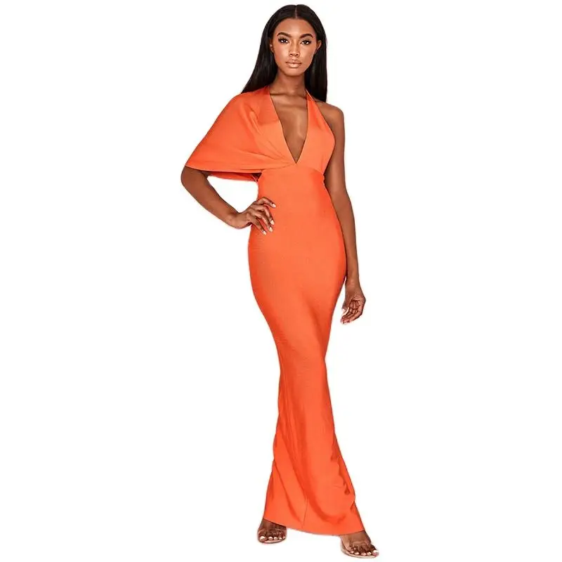 2021 Summer Women Orange Draped Bandage Maxi Dress Sexy One-Shoulder Backless Bandage Dresses Long Dress Evening Party Vestidos