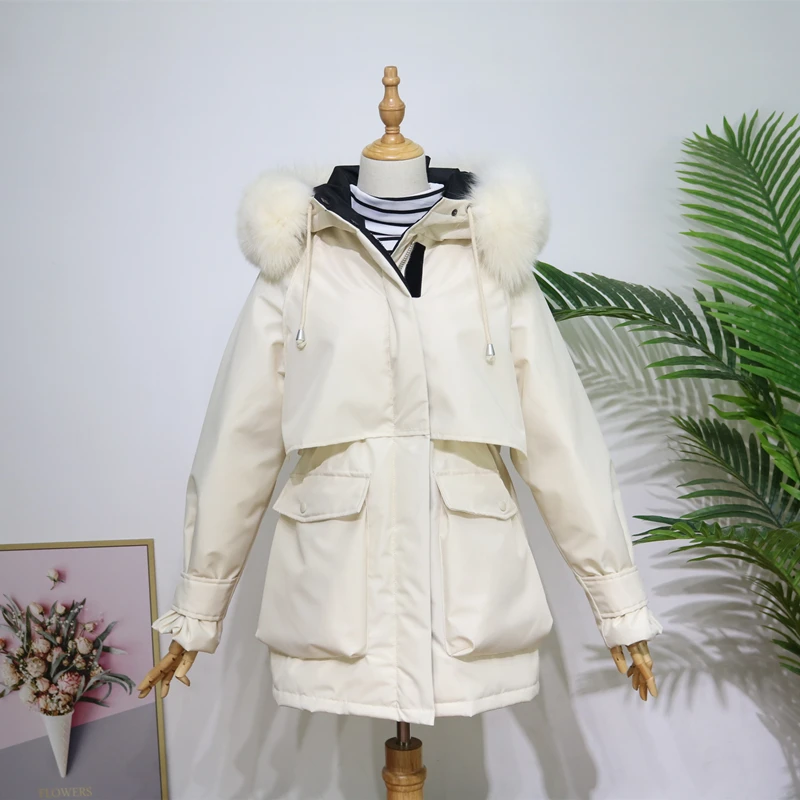 Белый утиный пух, натуральный меховой воротник, куртка с капюшоном для женщин, холодная зима, теплая парка с большим карманом, Женское пальто из натурального меха