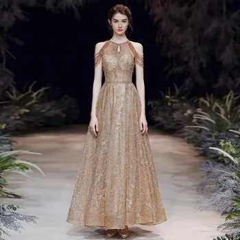 

In Stock Hot Sell Sweet Gold Glitter Pearl Beading Crystal Long Evening Dress 2020 Bride Party Sexy Backless Prom Gown Custom